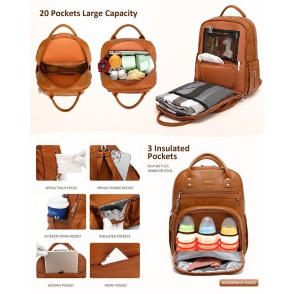 Leather Diaper Bag Backpack for Boy Girl with Changing Pad and Pacifier Case main image 2